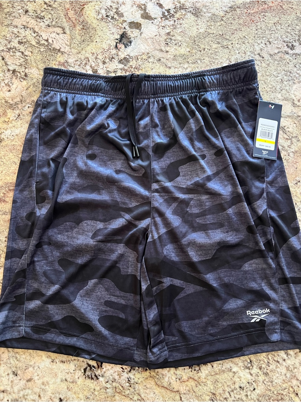 Reebok Men’s Black & Gray Camo Athletic Shorts